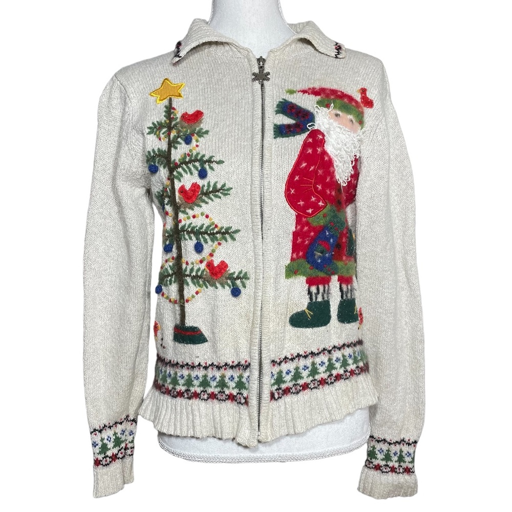Festive Cream Cardigan with Santa and Tree Design